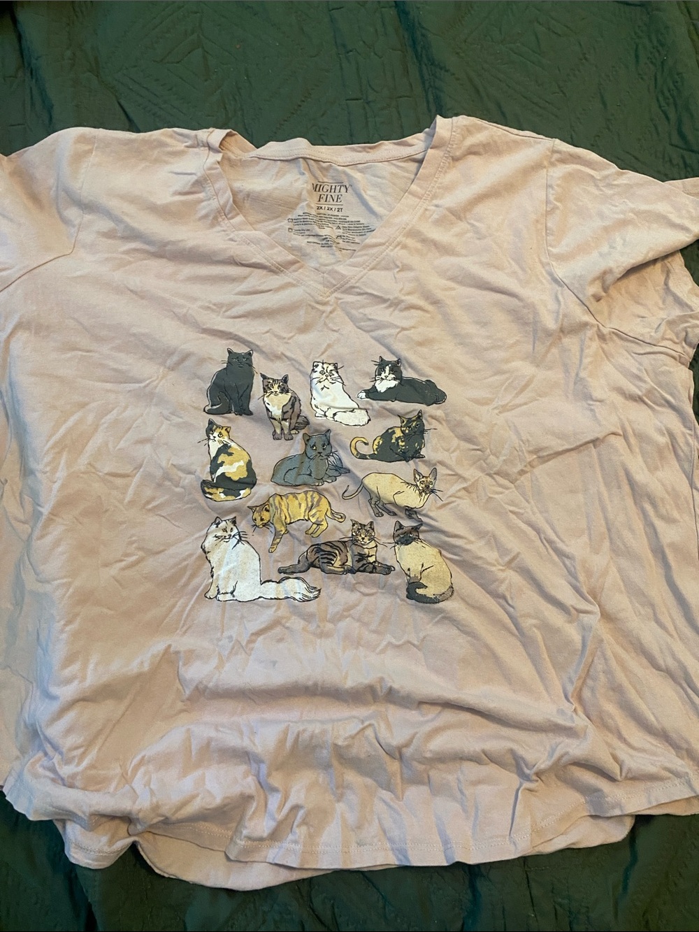 Mighty Fine Light Pink V-Neck Tee with Cat Cluster Graphic